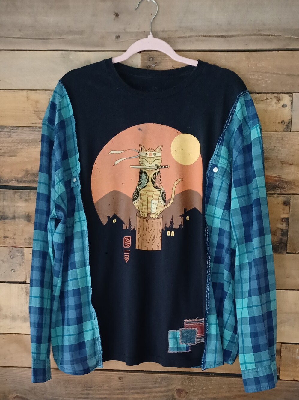 Upcycled Graphic Ninja Cat Tee with Blue Plaid Shirt Detail